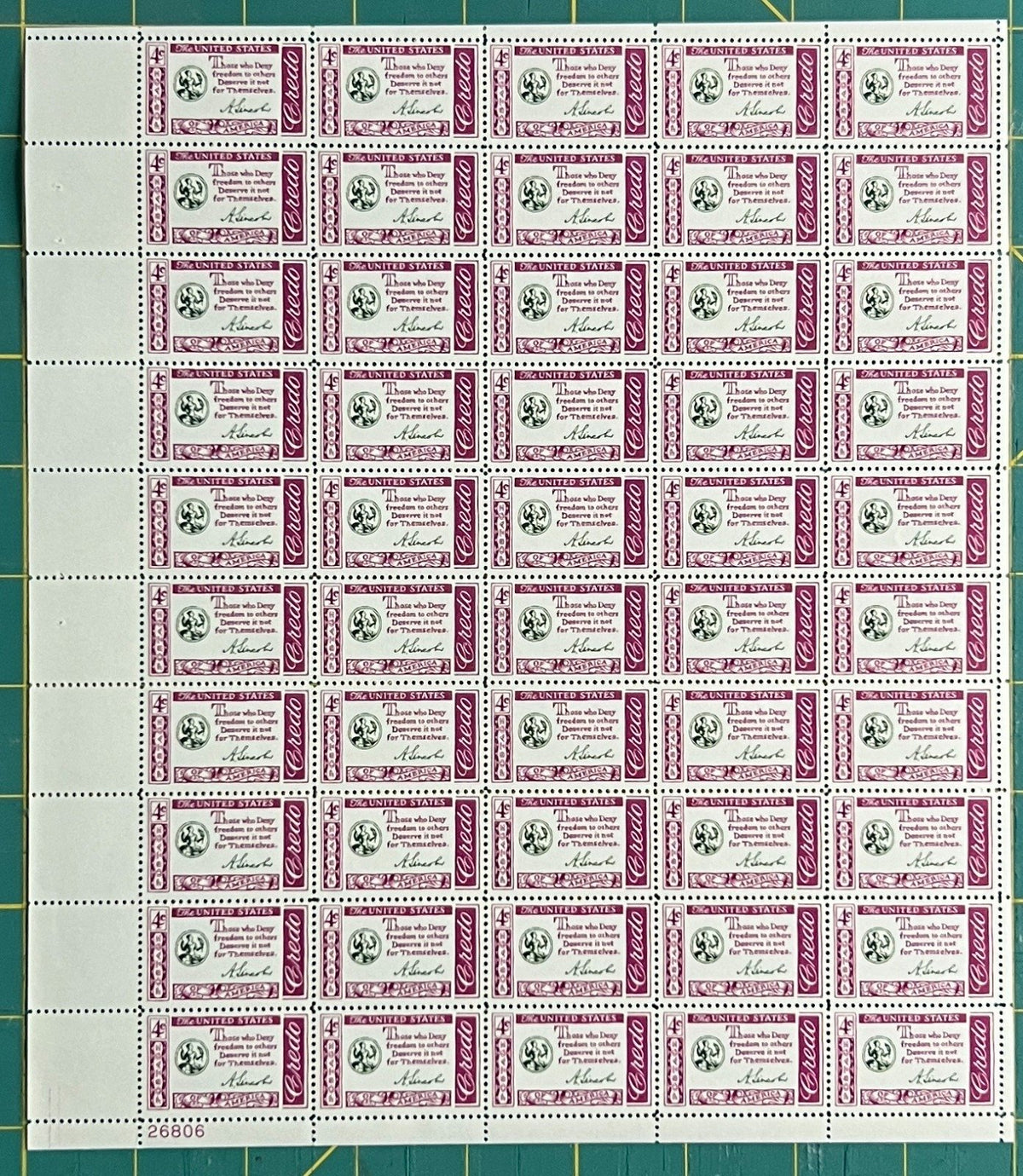 US 1960 4¢ Lincoln Credo Mint Sheet MNH (Scott 1143) – ZAYIX