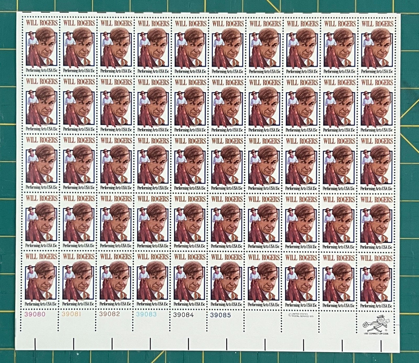 US 1979 15¢ Will Rogers Mint Sheet MNH (Scott 1801, PB12) – ZAYIX