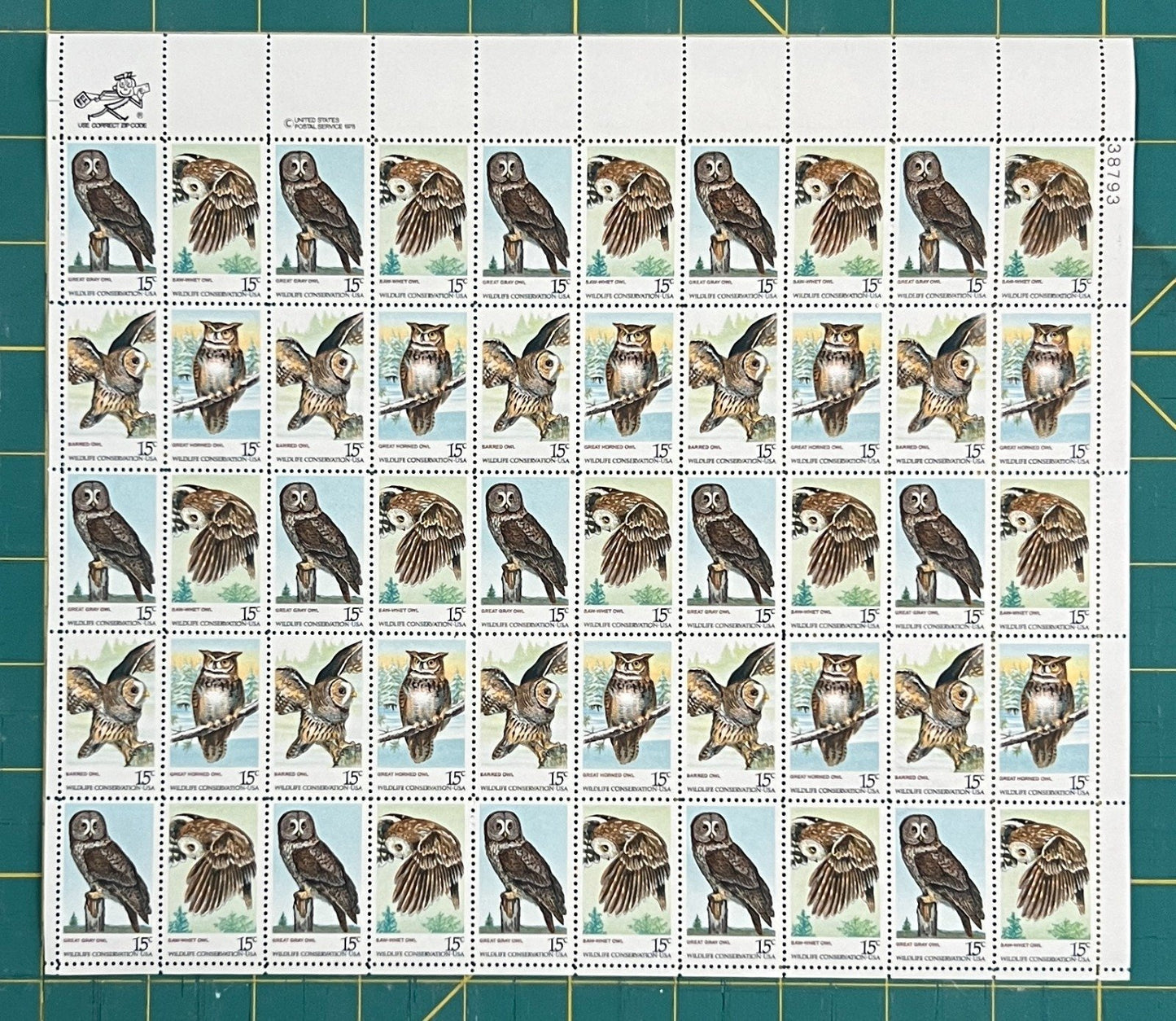 US 1978 15¢ American Owls Mint Sheet MNH (Scott 1760–1763) – ZAYIX