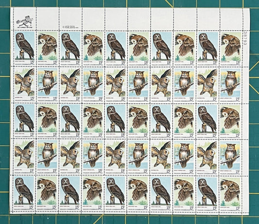 US 1978 15¢ American Owls Mint Sheet MNH (Scott 1760–1763) – ZAYIX