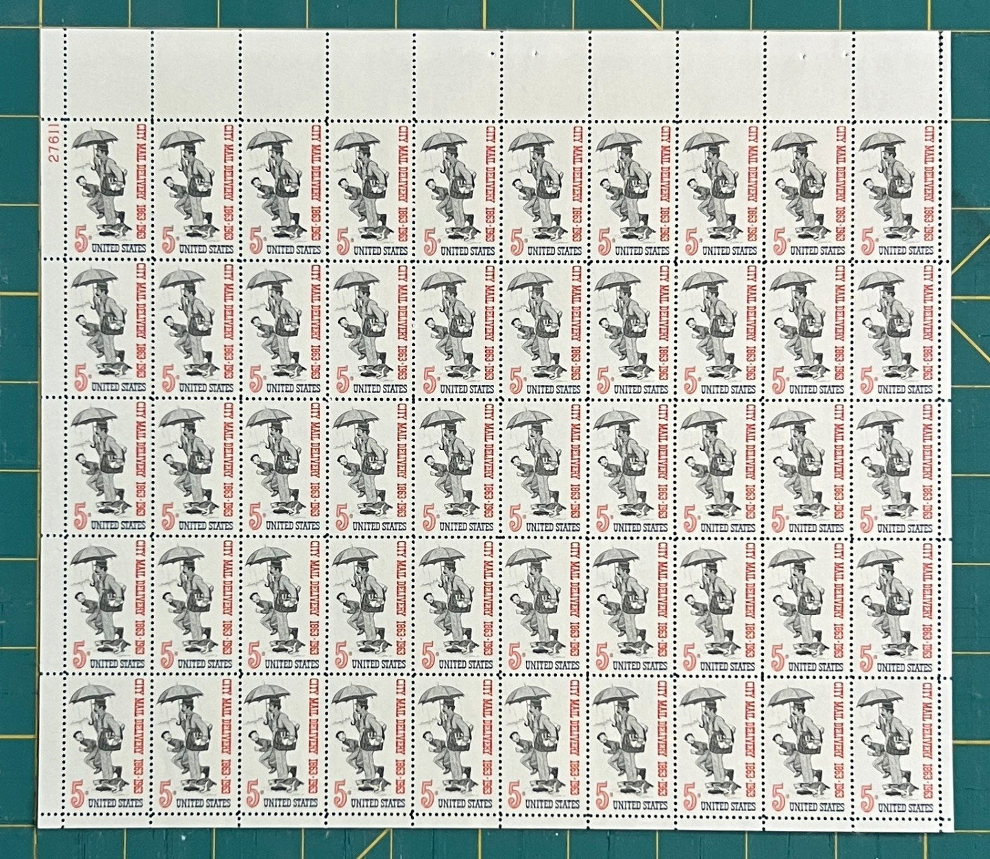 US 1963 5-Cent City Mail Delivery Centennial Mint Sheet MNH (Scott 1238) ZAYIX