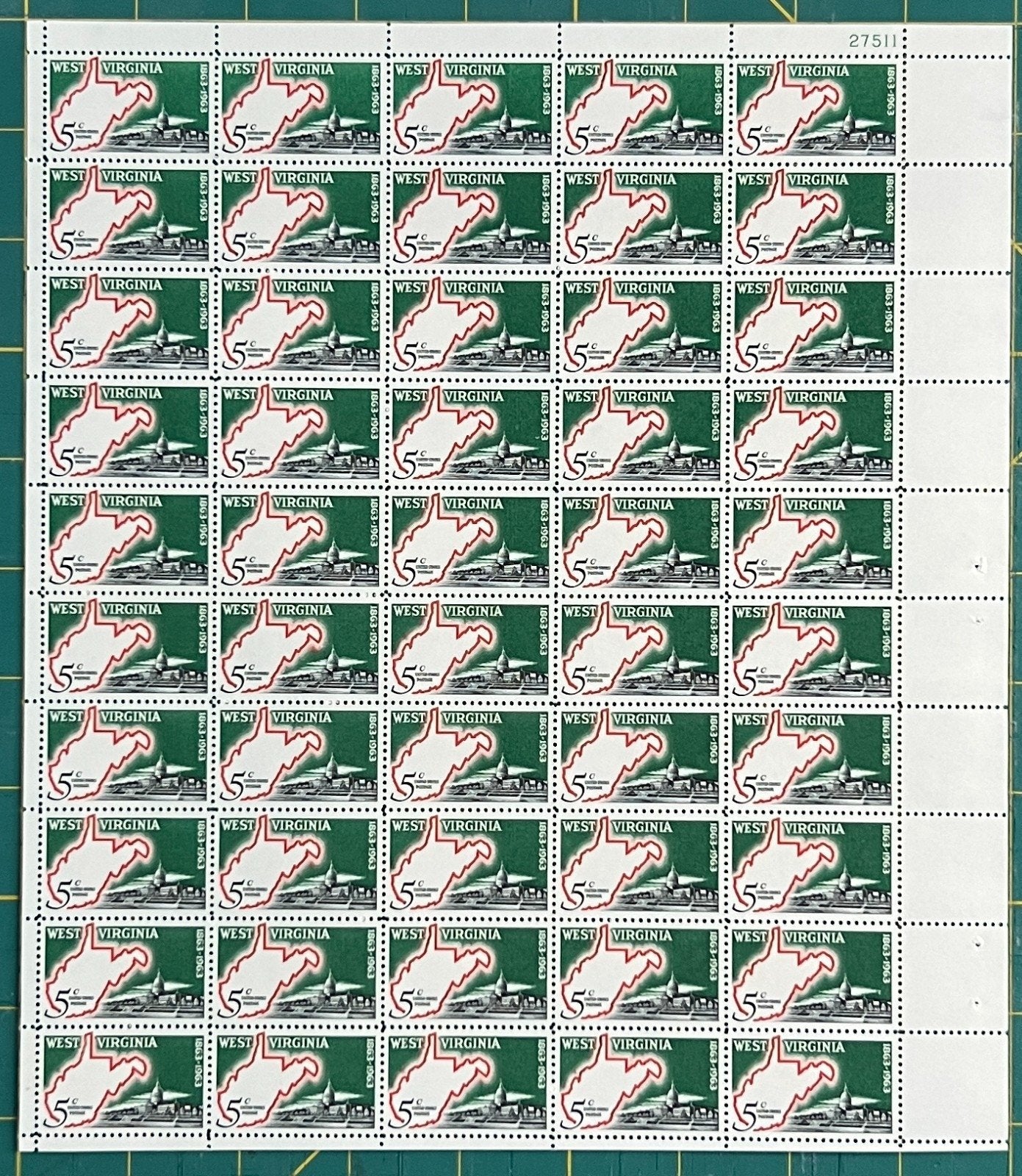 US 1963 5-Cent West Virginia Statehood Mint Sheet MNH (Scott 1232) ZAYIX