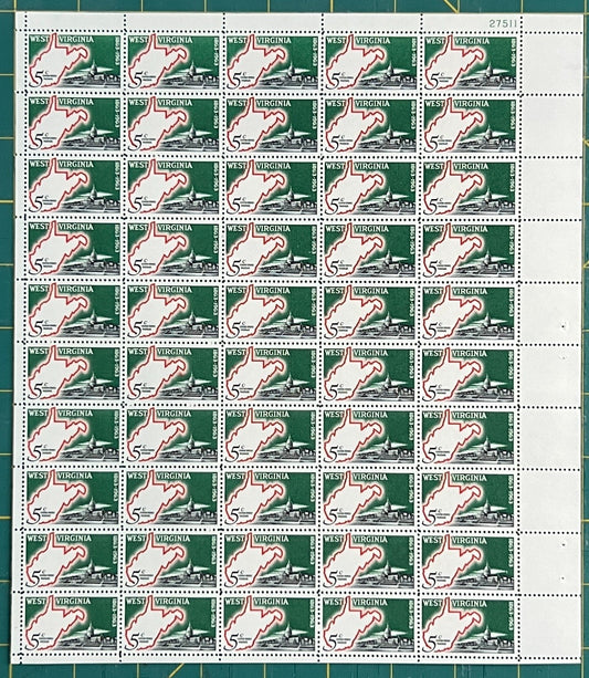 US 1963 5-Cent West Virginia Statehood Mint Sheet MNH (Scott 1232) ZAYIX