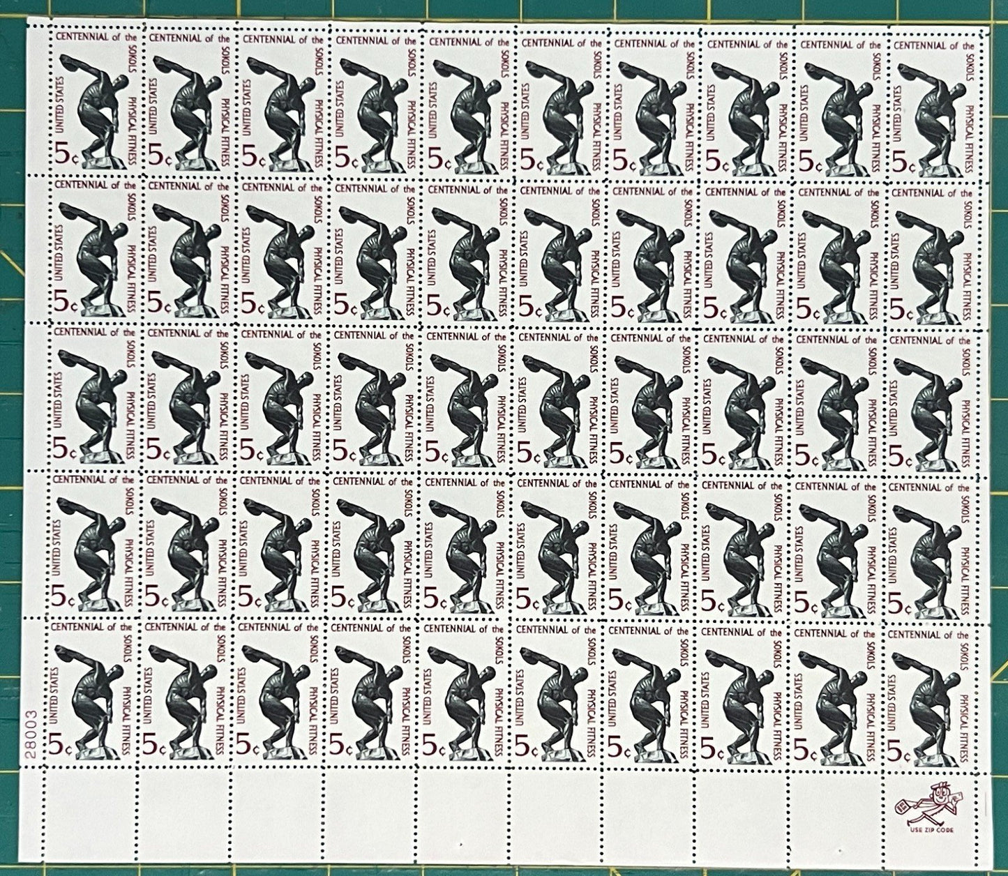 US 1965 5-Cent Physical Fitness Sokol Cent Mint Sheet MNH (Scott 1262) ZAYIX