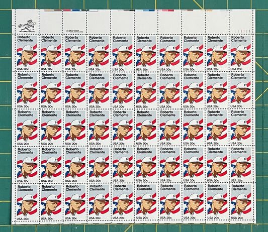 US 1984 20¢ Roberto Clemente Baseball Mint Sheet MNH (Scott 2097) ZAYIX
