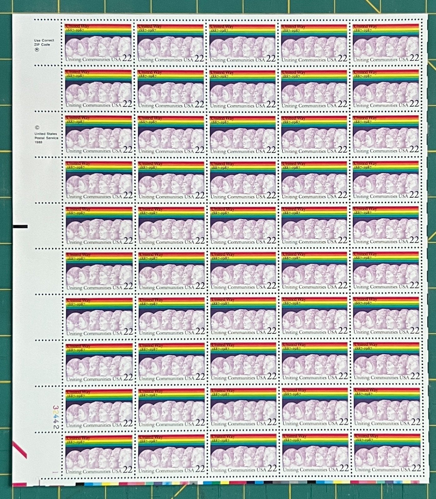 US 1987 22¢ United Way 100th Anniversary Mint Sheet MNH (Scott 2275) ZAYIX