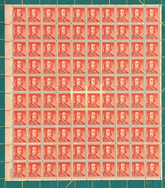 US 1955 1/2¢ Benjamin Franklin Liberty Series Mint Sheet MNH (Scott 1030) ZAYIX