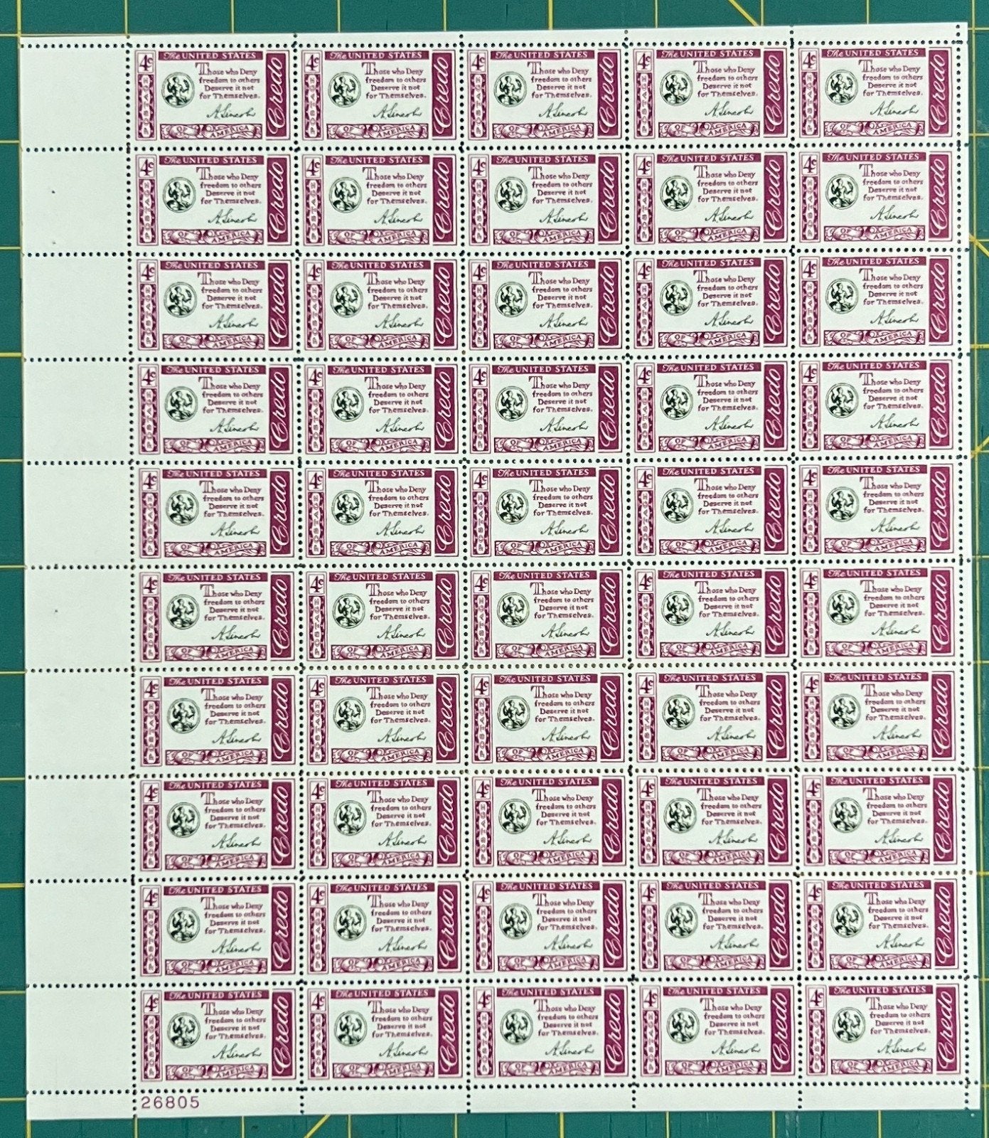 US 1961 4¢ American Credos Abraham Lincoln Mint Sheet MNH (Scott 1143) ZAYIX
