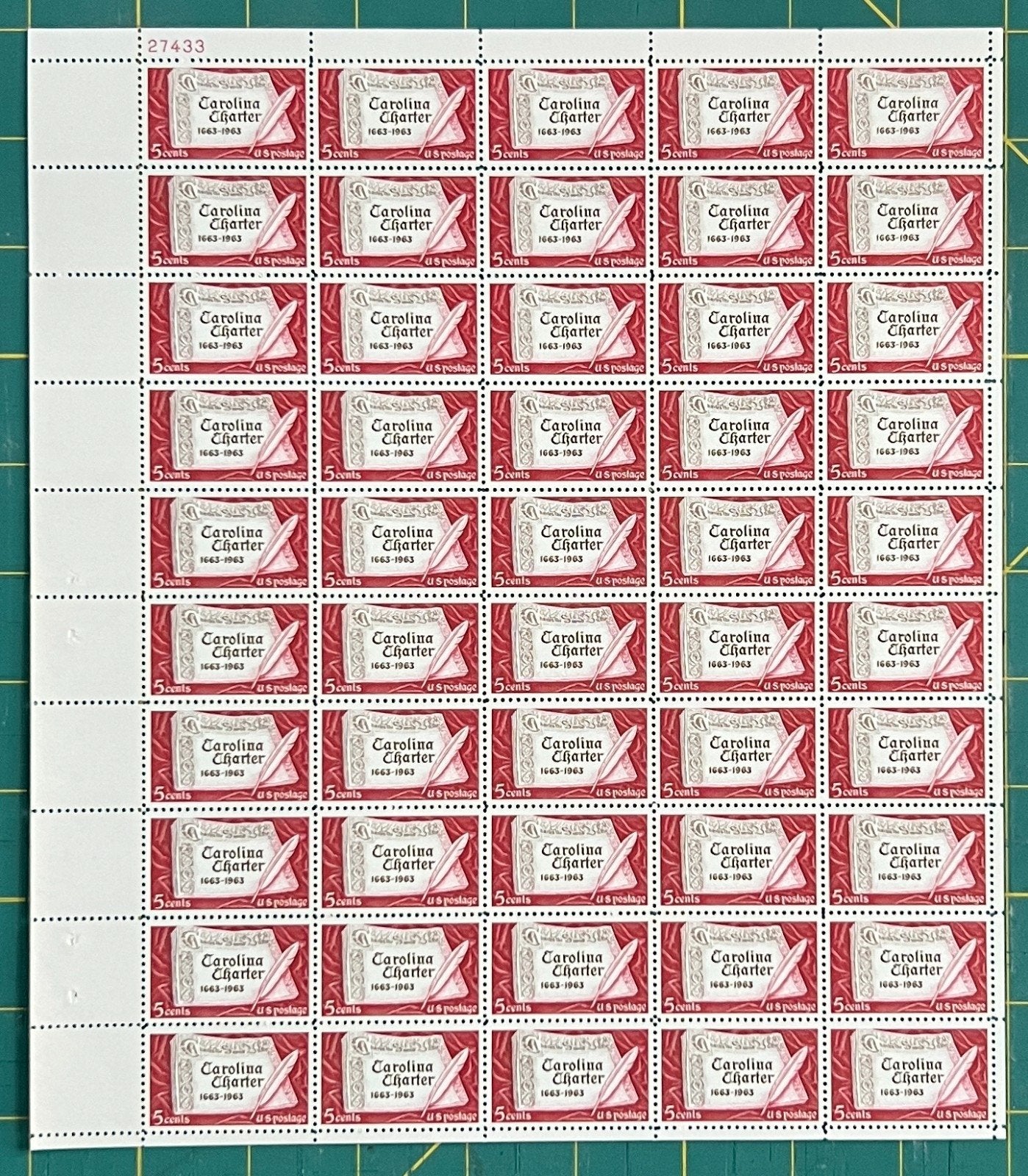US 1963 5¢ Carolina Charter Tercentenary Mint Sheet MNH (Scott 1230) ZAYIX