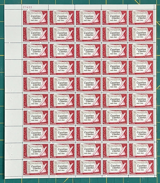 US 1963 5¢ Carolina Charter Tercentenary Mint Sheet MNH (Scott 1230) ZAYIX