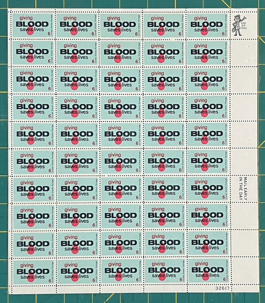 US 1971 6¢ Blood Donor Program Mint Sheet MNH (Scott 1425) ZAYIX