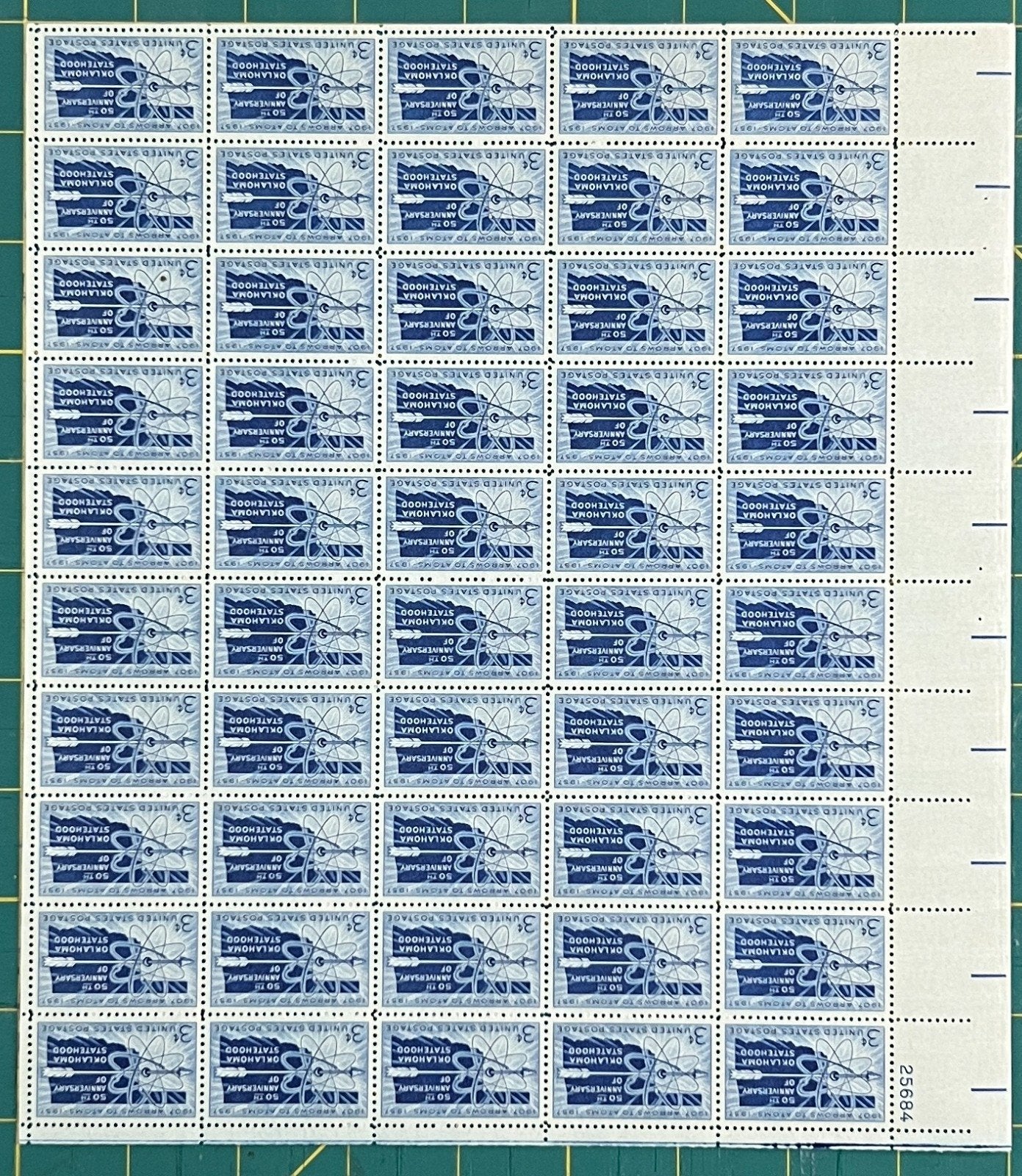 US 1957 3c Oklahoma Statehood 50th Anniversary Mint Sheet MNH (Scott 1092) ZAYIX