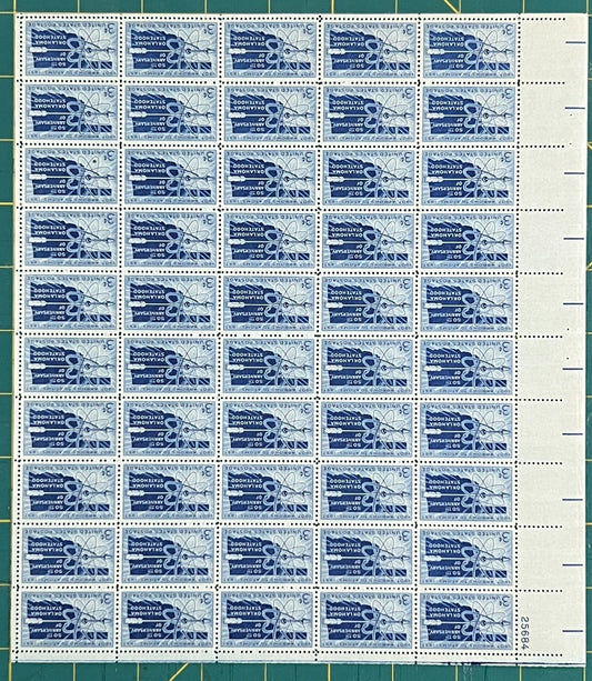 US 1957 3c Oklahoma Statehood 50th Anniversary Mint Sheet MNH (Scott 1092) ZAYIX