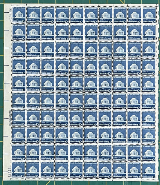 US 1973 10c Jefferson Memorial Mint Sheet MNH (Scott 1510) ZAYIX