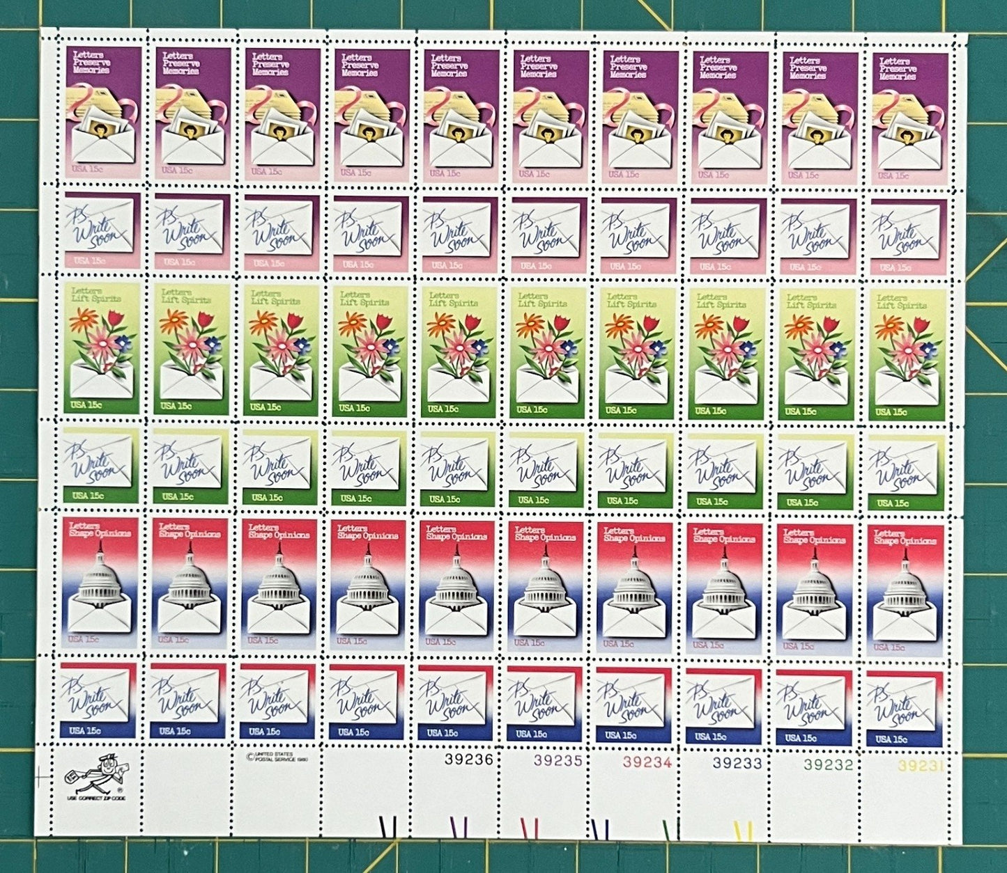 US 1980 15c Letter Writing Week (PB36) Mint Sheet MNH (Scott 1805-1810) ZAYIX