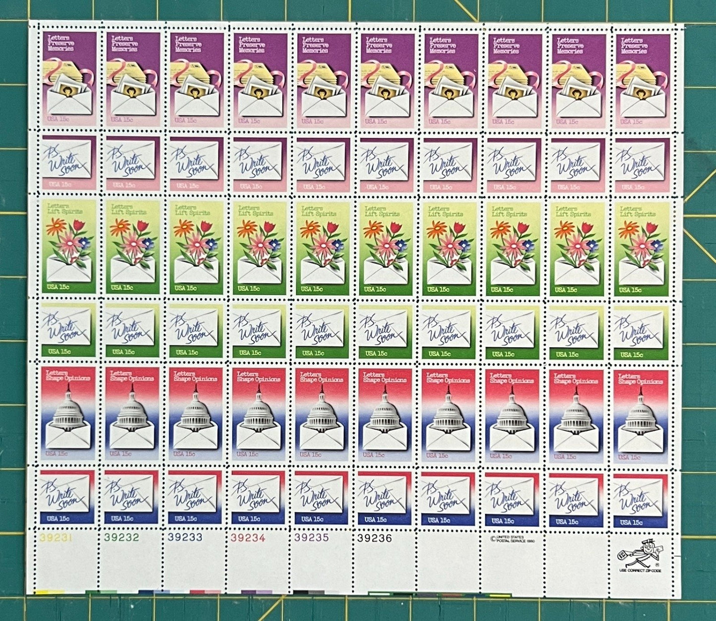 US 1980 15c Letter Writing Week (PB36) Mint Sheet MNH (Scott 1805-1810) ZAYIX