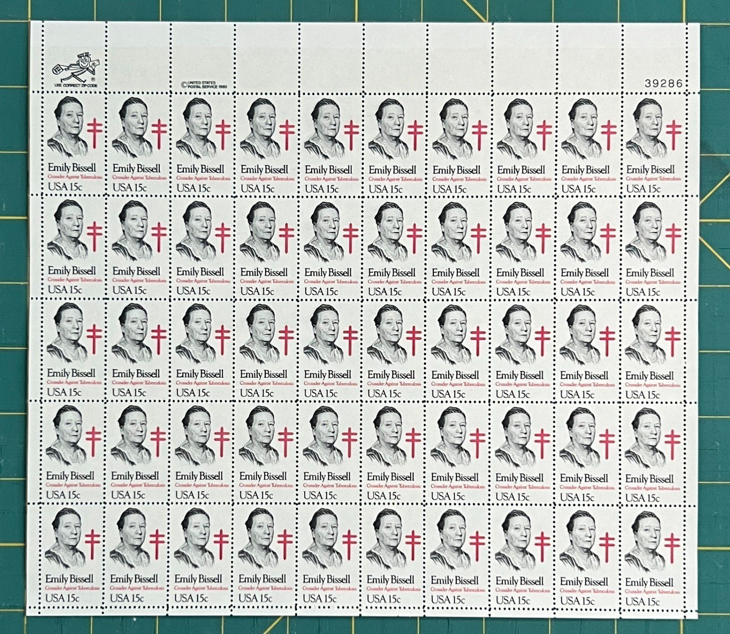US 1980 15c Emily Bissel Social Worker Mint Sheet MNH (Scott 1823) ZAYIX