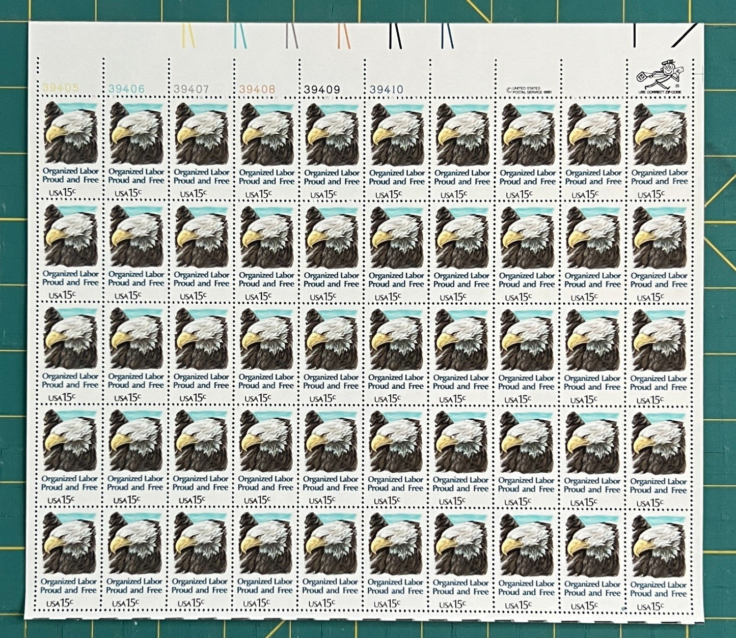 US 1980 15c Organized Labor (PB12) Mint Sheet MNH (Scott 1831) ZAYIX