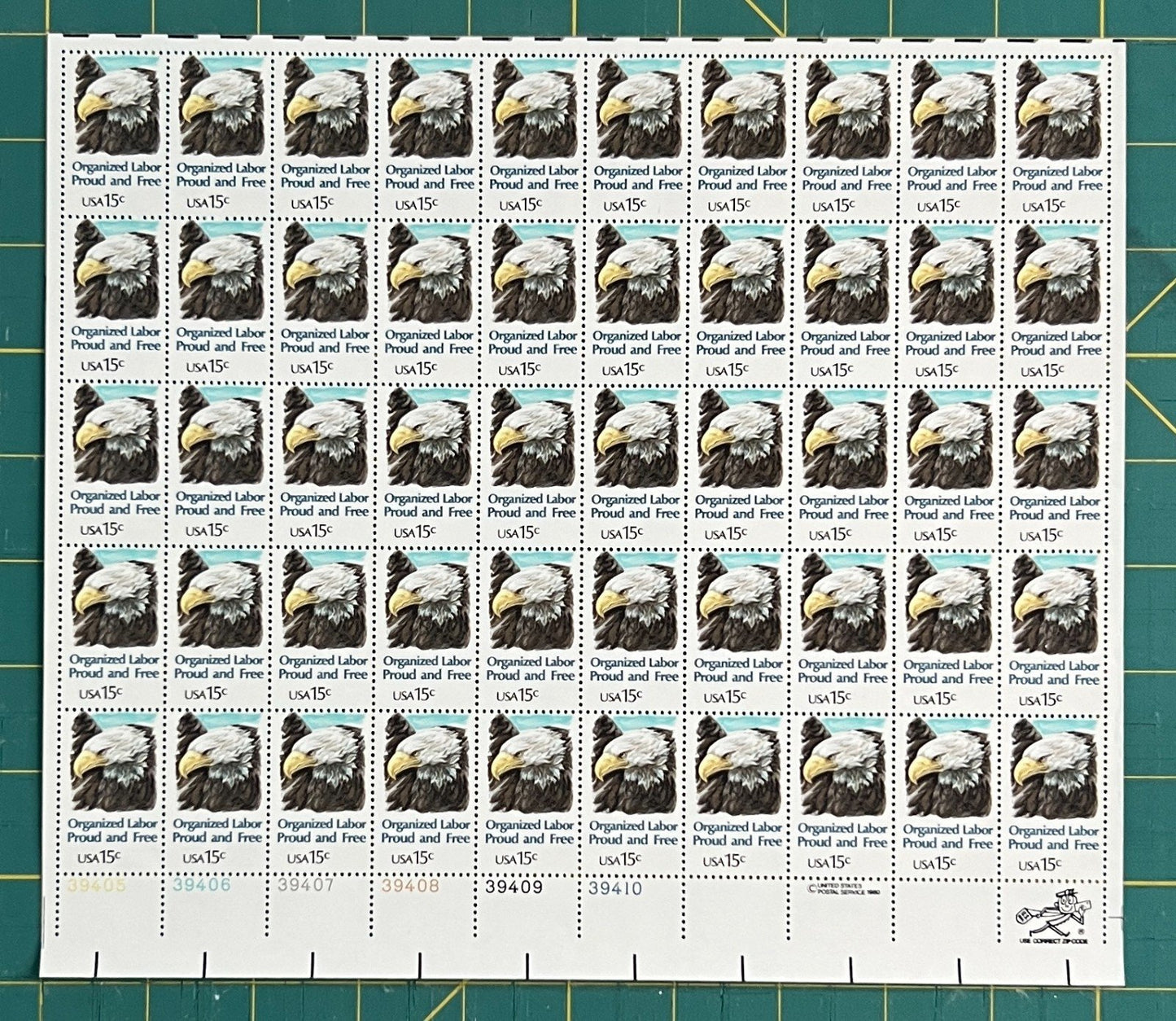 US 1980 15c Organized Labor (PB12) Mint Sheet MNH (Scott 1831) ZAYIX