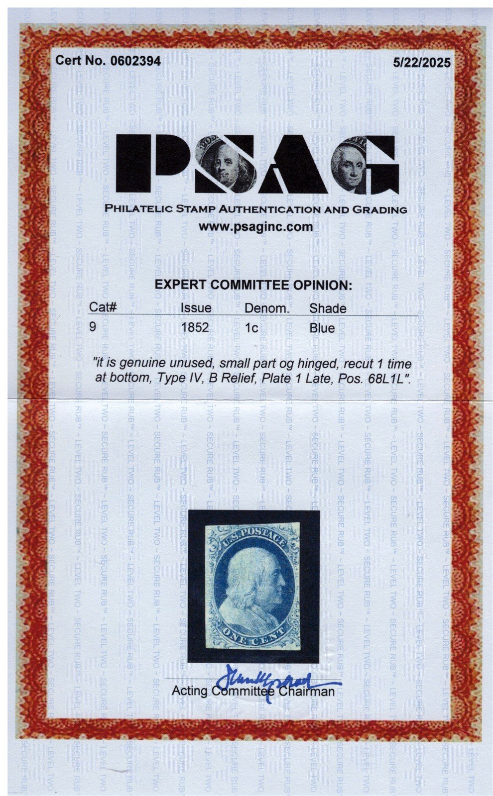 US 9 MSPOG VF Type IV, B Relief, Plt 1 Late, 68L1L, 1852 1c Blue PSAG cert ZAYIX