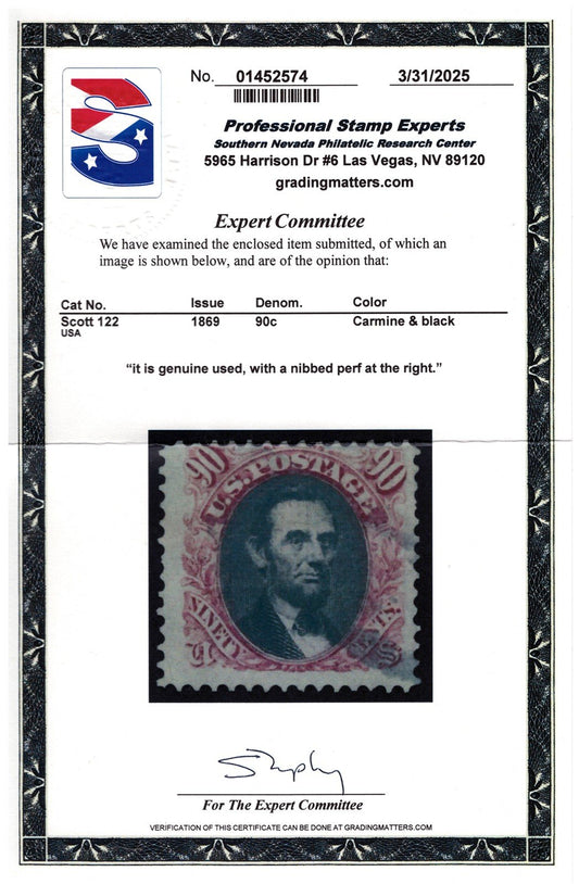 US 122 Used FVF 1869 90c carmine & black G Grill, nibbed perf, PSE Cert ZAYIX