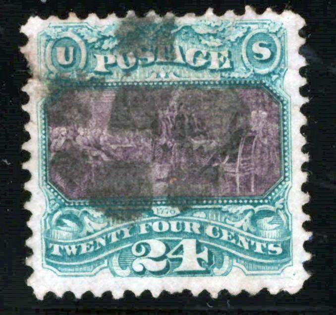 US 120 Used VF 1869 24c green & violet G Grill, small crease, PSAG Cert ZAYIX