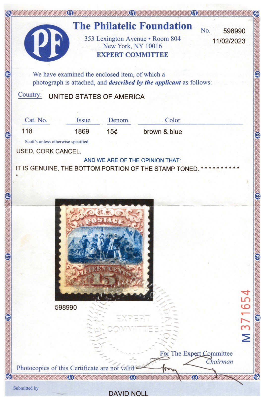 US 118 Used FVF 1869 15c brown & blue G Grill, toned at bottom, PF Cert ZAYIX