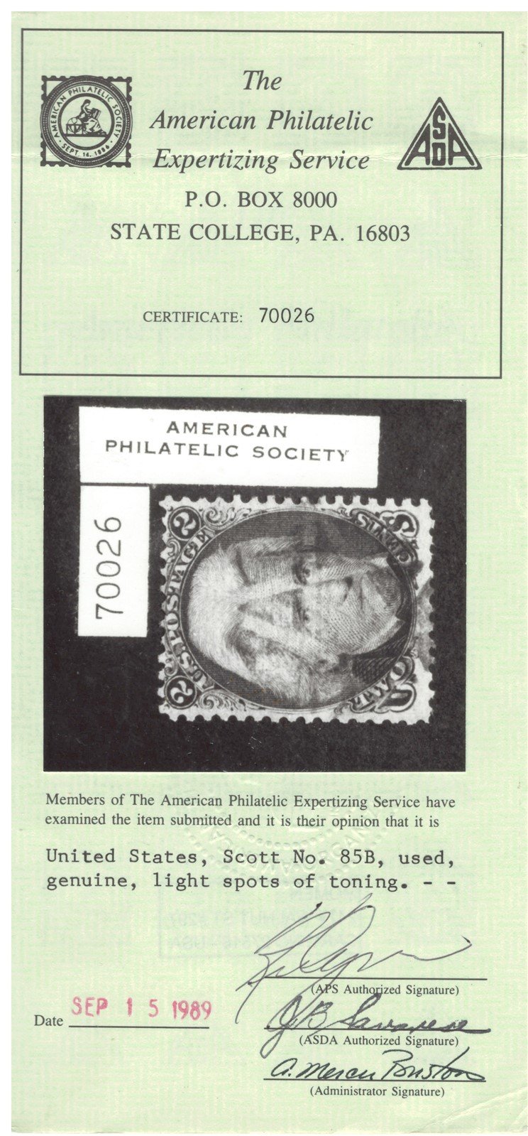 US 85B Used F, Z Grill, Star Fancy Cancel, 1868 2c black Jackson, APS Cert ZAYIX