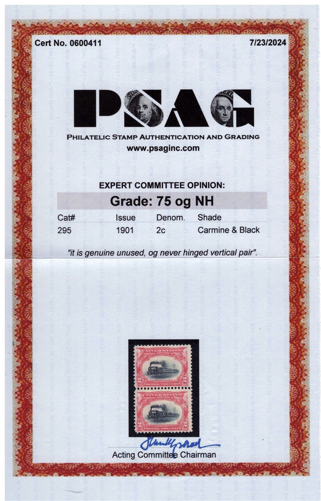 US 295 MNH FVF pair 2c carmine & black Pan-American Exposition PSAG Cert ZAYIX