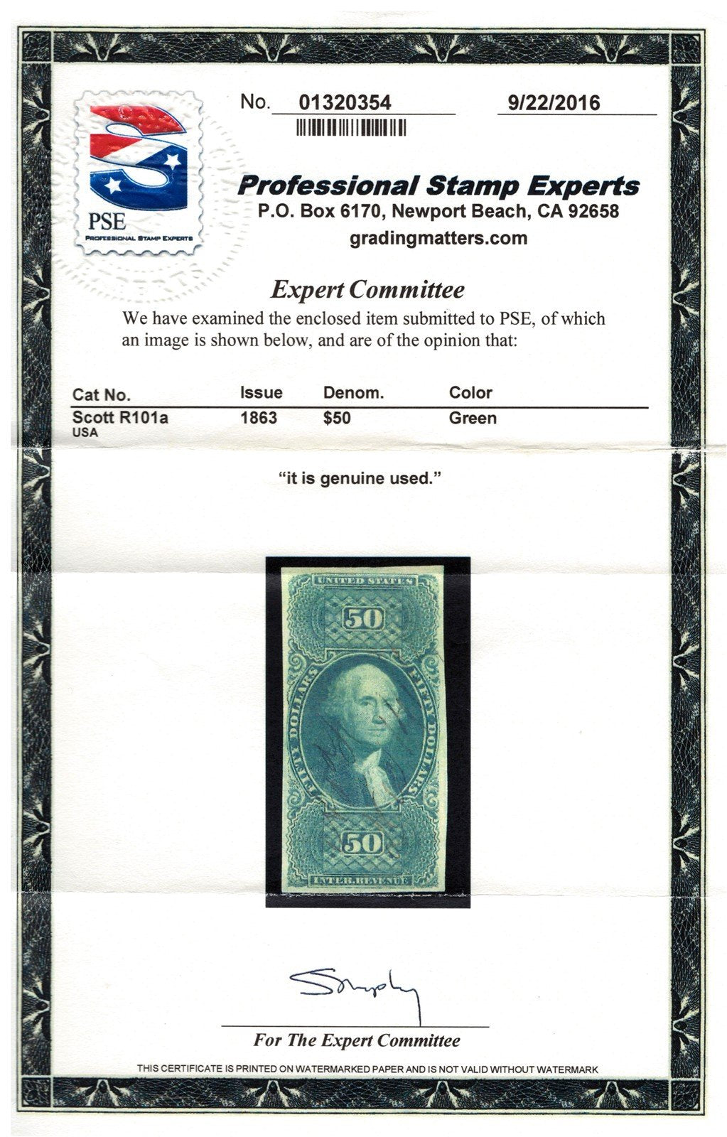 US R101a Used XF 1853 $50 US Internal Revenue green imperf PSE cert ZAYIX