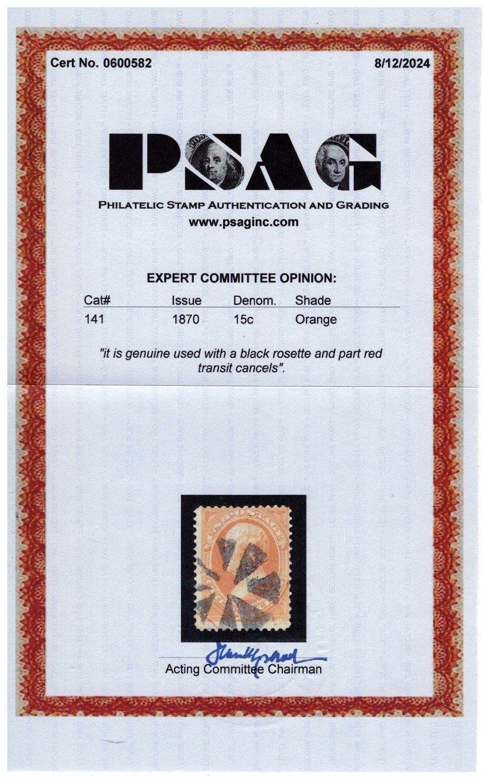US 141 Used F 1870 15c Orange Webster, black rosette & red transit cancel ZAYIX