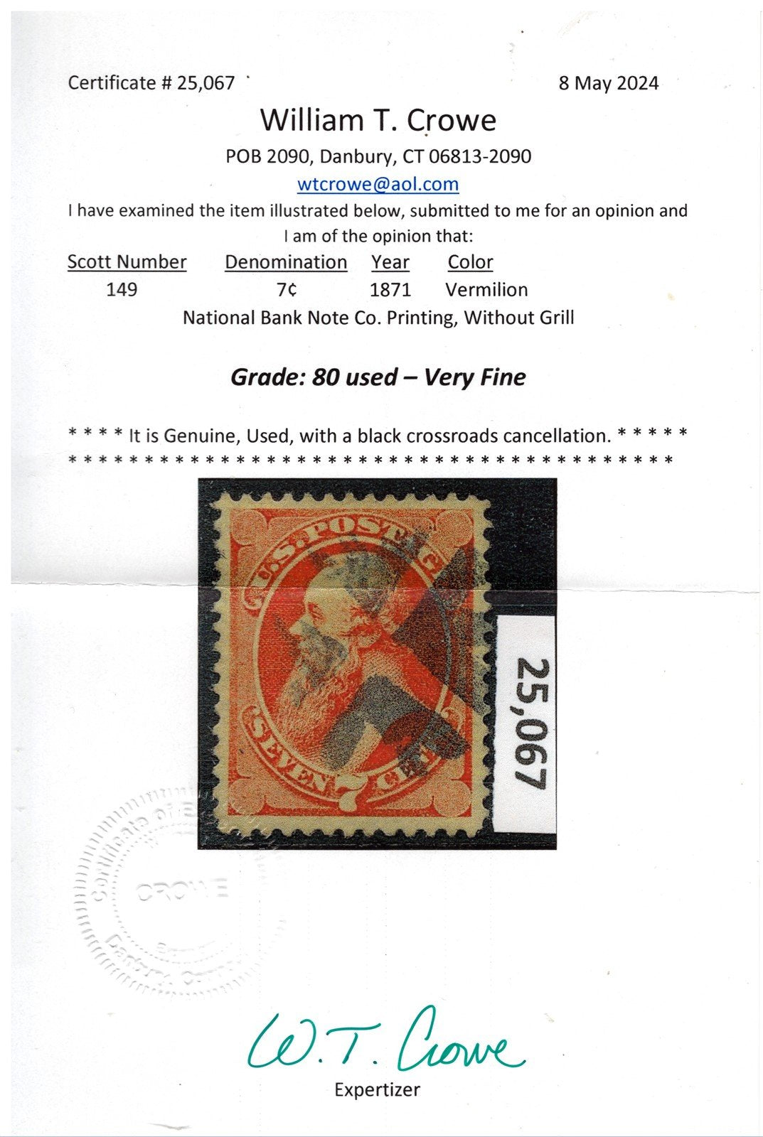 US 149 Used VF 1871 7c Vermilion, no Grill, Crossroads cancel, Crowe Cert ZAYIX