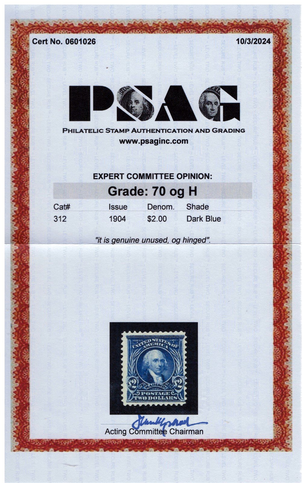 US 312 MHOG Fine - 1904 $2 dark blue Madison CV $825 - PSAG cert ZAYIX