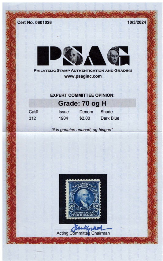 US 312 MHOG Fine - 1904 $2 dark blue Madison CV $825 - PSAG cert ZAYIX