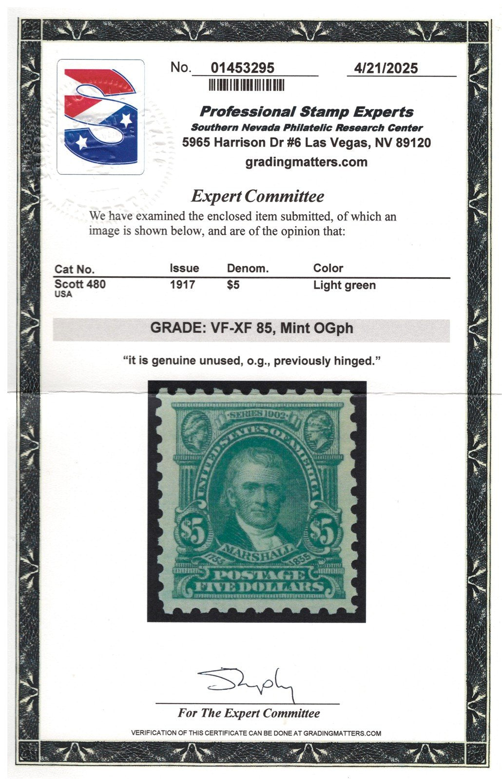US 480 MH VF/XF (Grade 85) - 1917 $5 light green Marshall - PSE Cert ZAYIX