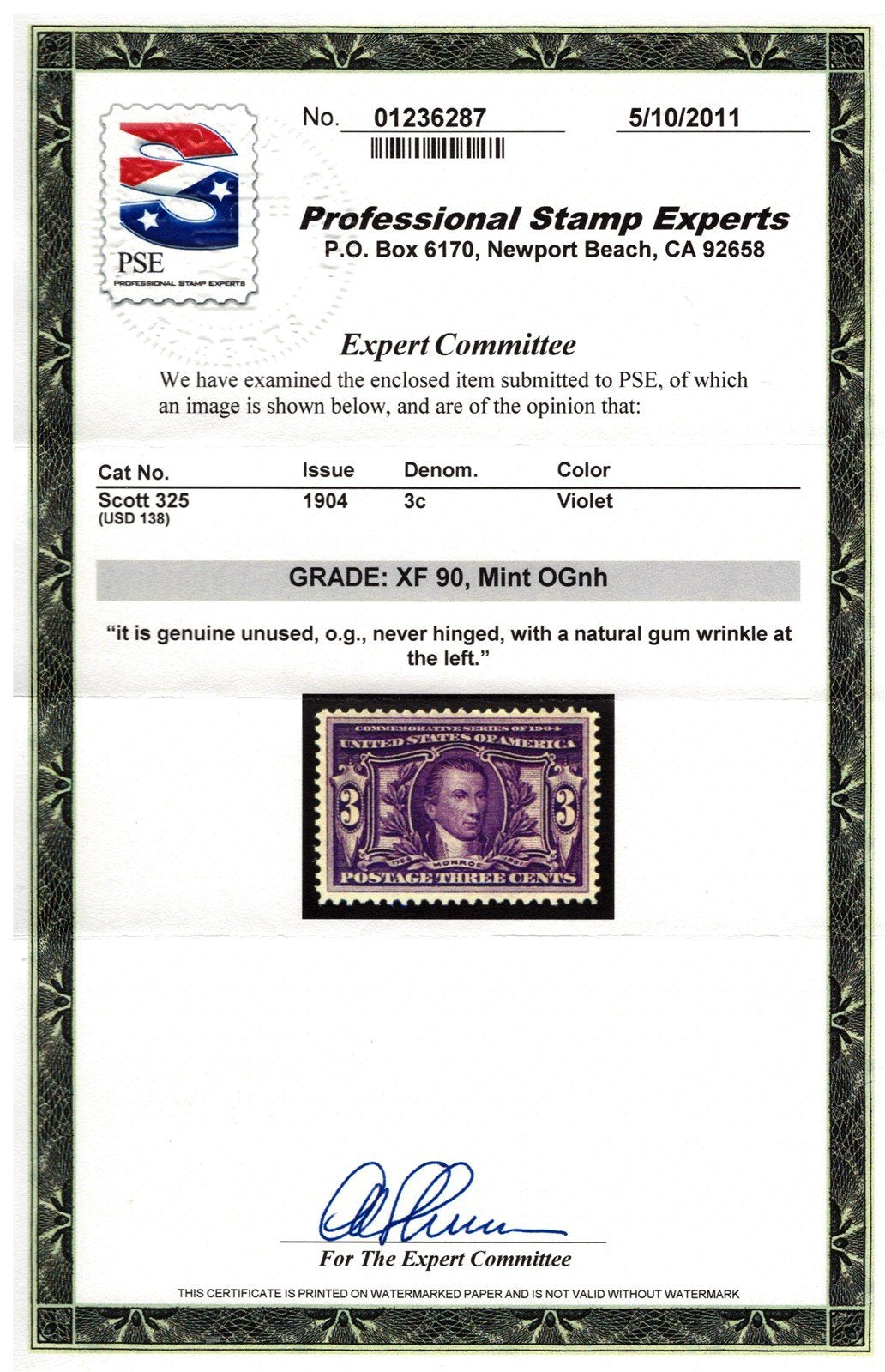 US 325 MNH XF (Grade 90) - 1904 3c violet Louisiana Purchase - PSE Cert ZAYIX
