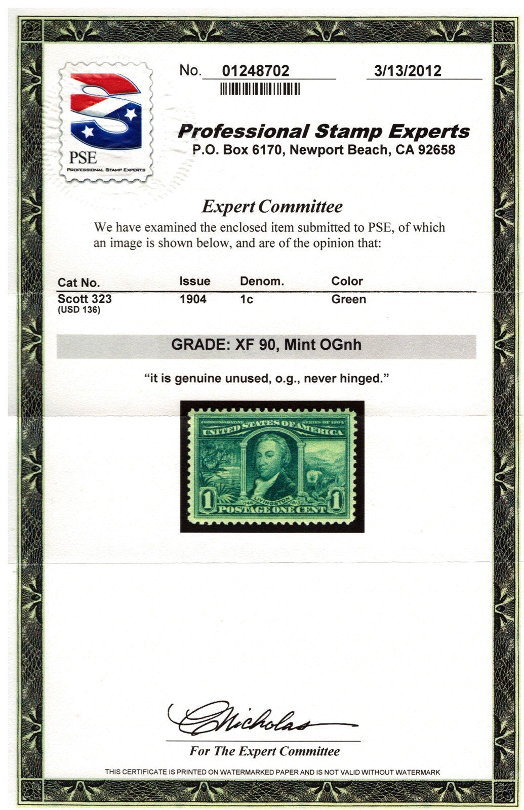 US 323 MNH XF (Grade 90) - 1904 1c green Louisiana Purchase - PSE Cert ZAYIX