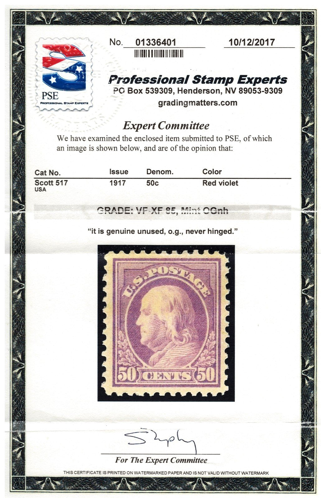 US 517 MNH VF/XF (Grade 85) - 1917 50c red violet Franklin - PSE Cert ZAYIX