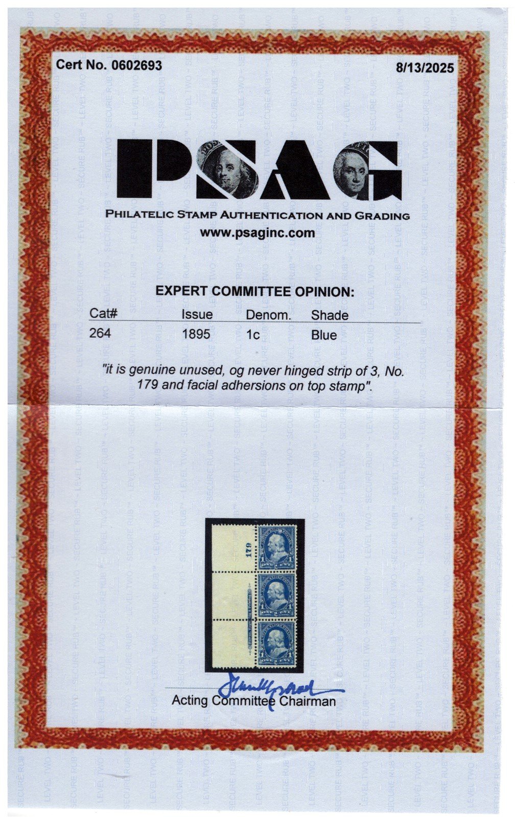 US 264 MNH VF/XF Plate# strip of 3 - 1895 1c Blue Franklin - PSAG Cert ZAYIX