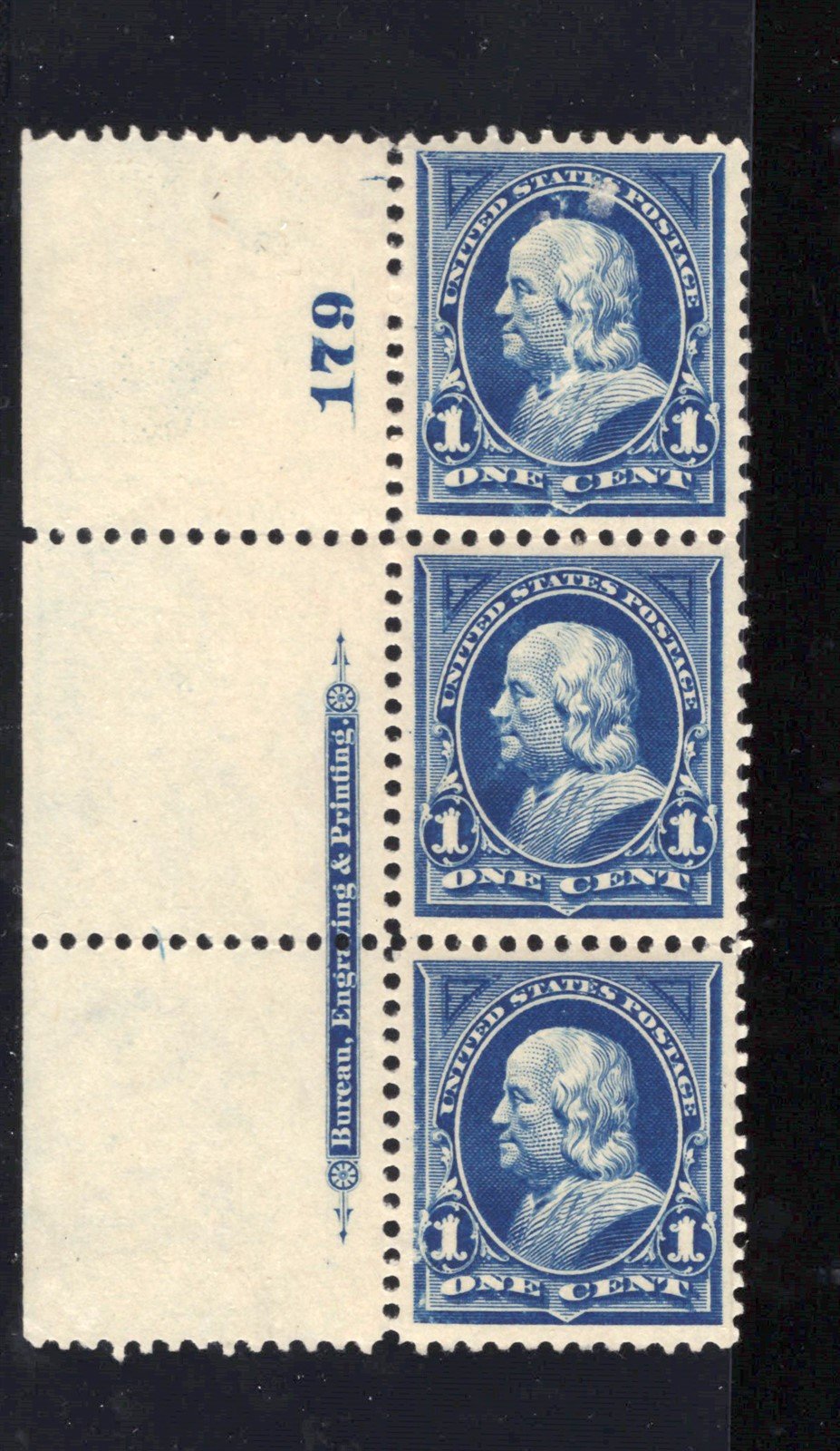 US 264 MNH VF/XF Plate# strip of 3 - 1895 1c Blue Franklin - PSAG Cert ZAYIX