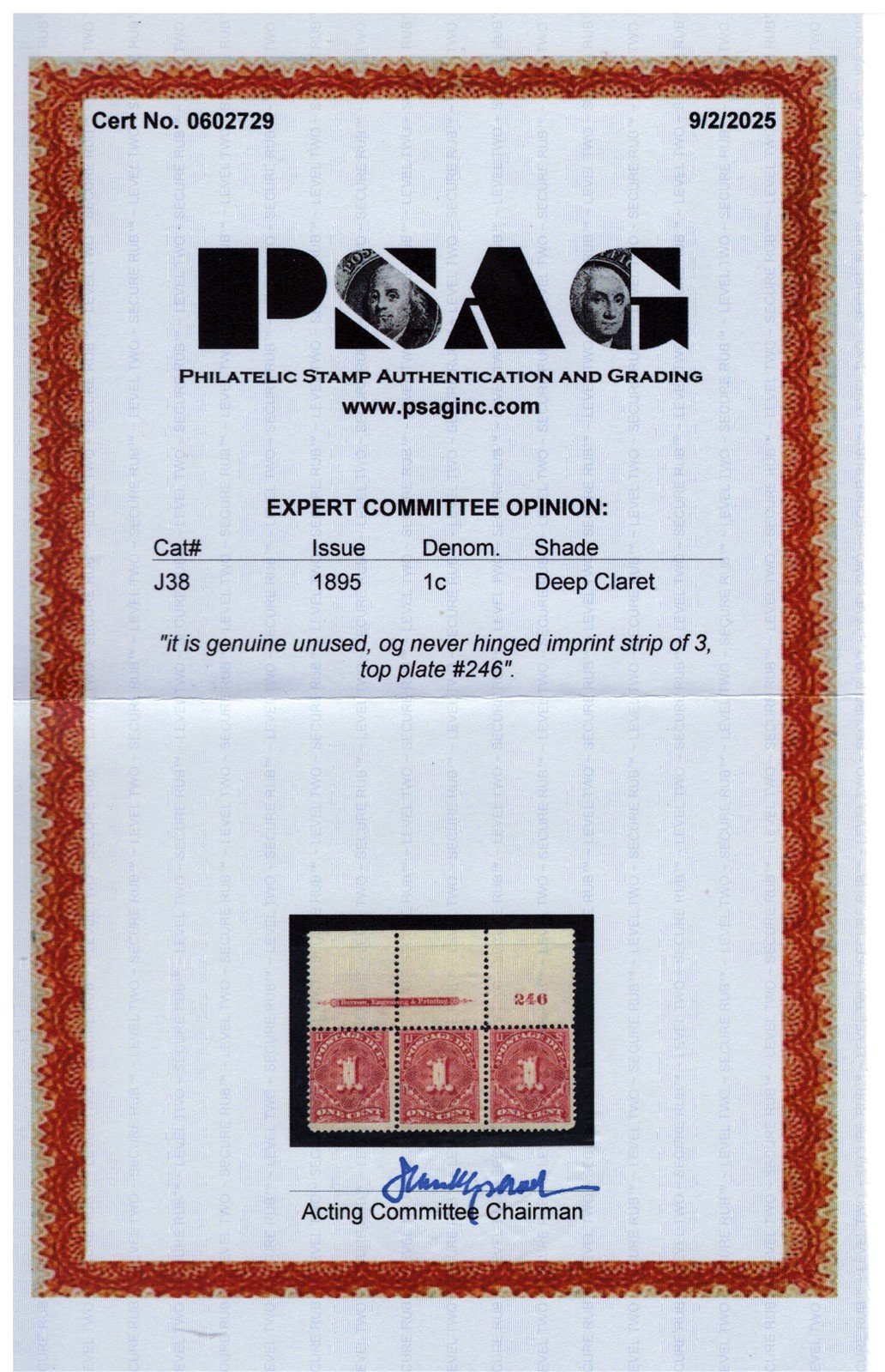 US J38 MNH F - Plate Number Strip of 3 - 1895 1c Deep Claret - PSAG Cert ZAYIX