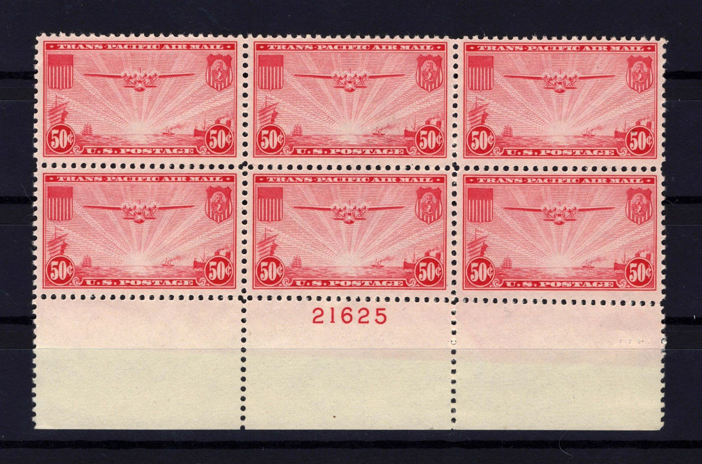 US C22 MNH VF 1937 50c carmine China Clipper airmail Plate Block Plt#21625 ZAYIX