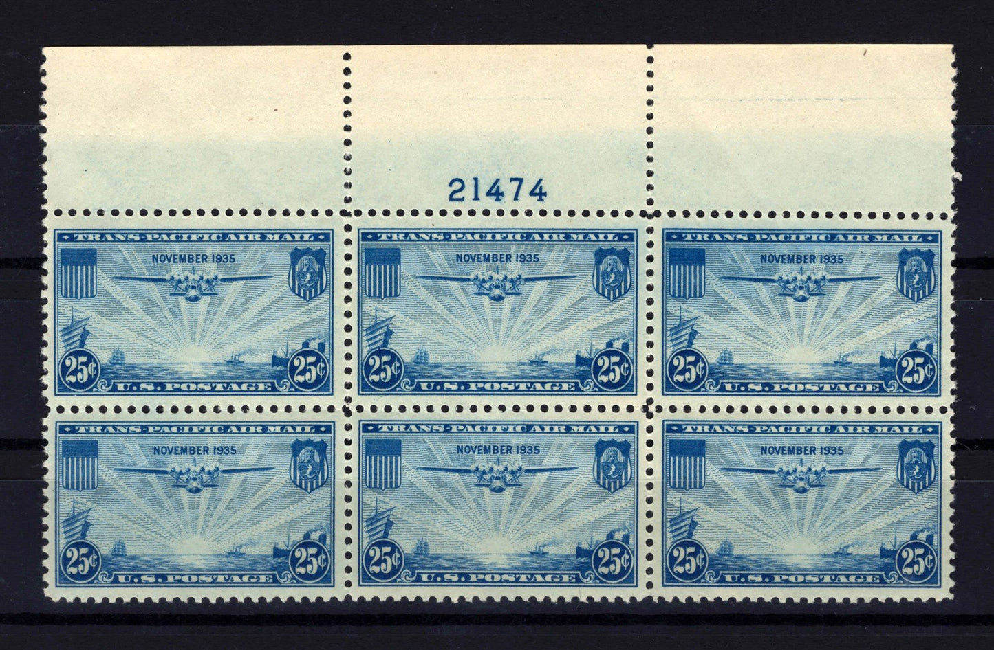 US C20 MNH VF+ 1935 25c blue China Clipper airmail Plate Block Plt#21474 ZAYIX