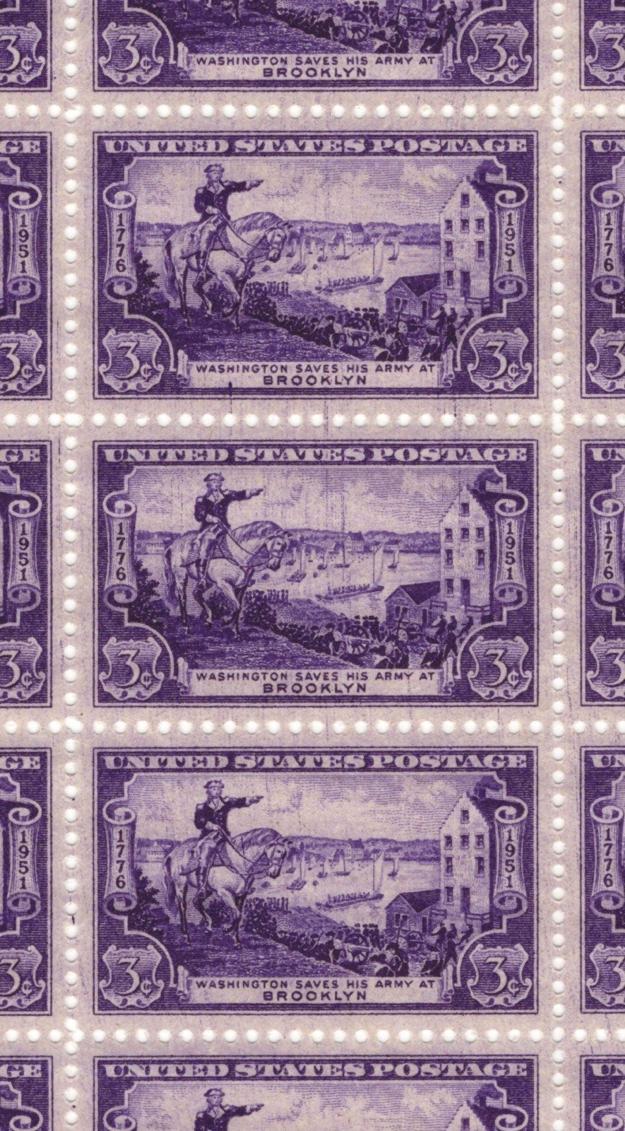 US 1003 Mint Sheet (MNH) Plate Flaw Scratch Battle of Brooklyn 3-Cent 1951 ZAYIX