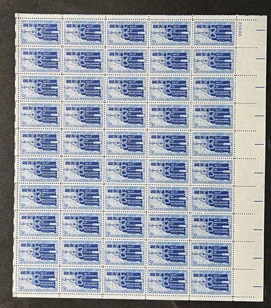 US 1092 Mint Sheet (MNH) Oklahoma Statehood 50th Anniversary 1957 ZAYIX