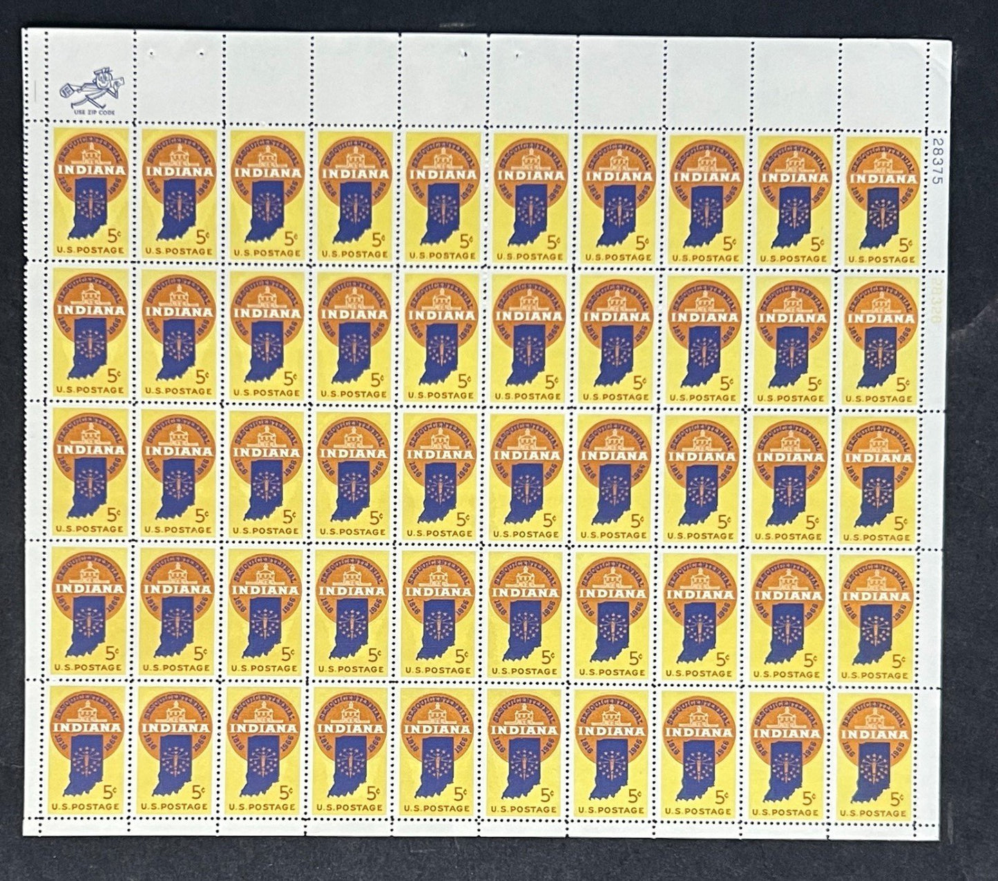 US 1308 Mint Sheet (MNH) Indiana Statehood 150th Anniversary 5-Cent 1966 ZAYIX