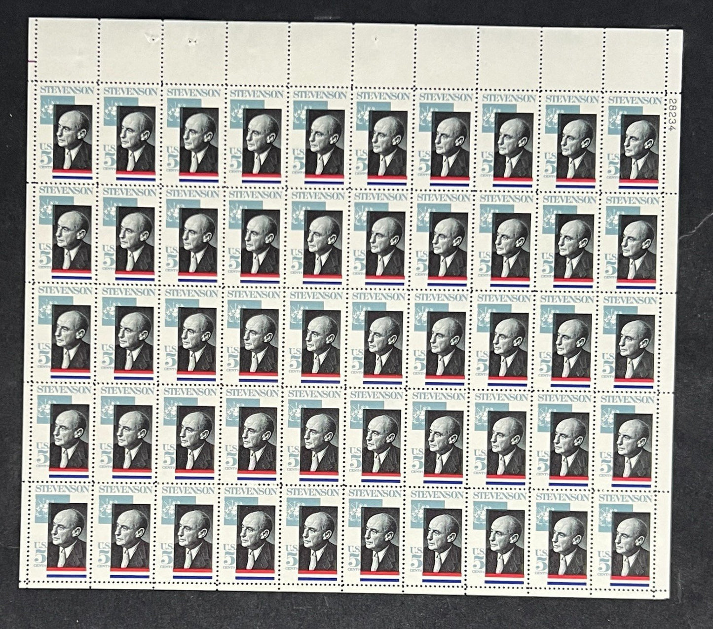 US 1275 Mint Sheet (MNH) Adlai Stevenson Statesman 5-Cent 1965 P#28234 ZAYIX