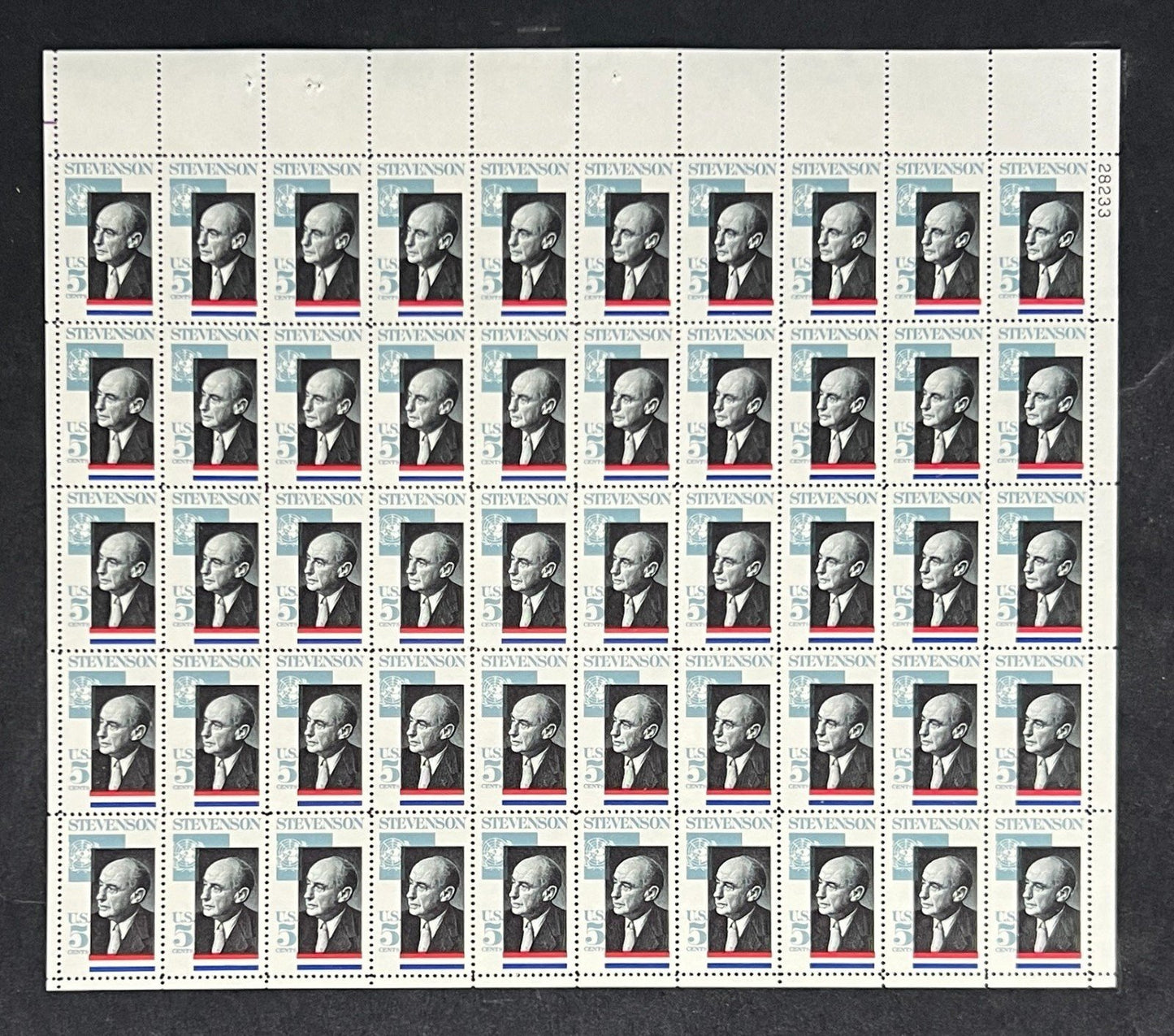 US 1275 Mint Sheet (MNH) Adlai Stevenson Statesman 5-Cent 1965 P#28233 ZAYIX