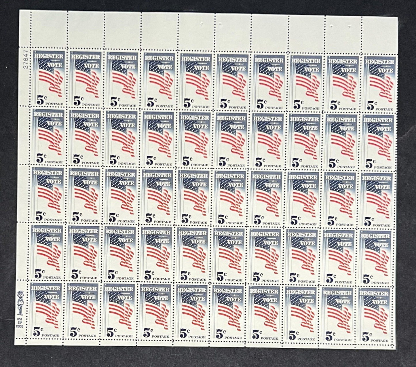 US 1249 Mint Sheet (MNH) Register and Vote 5-Cent 1964 ZAYIX