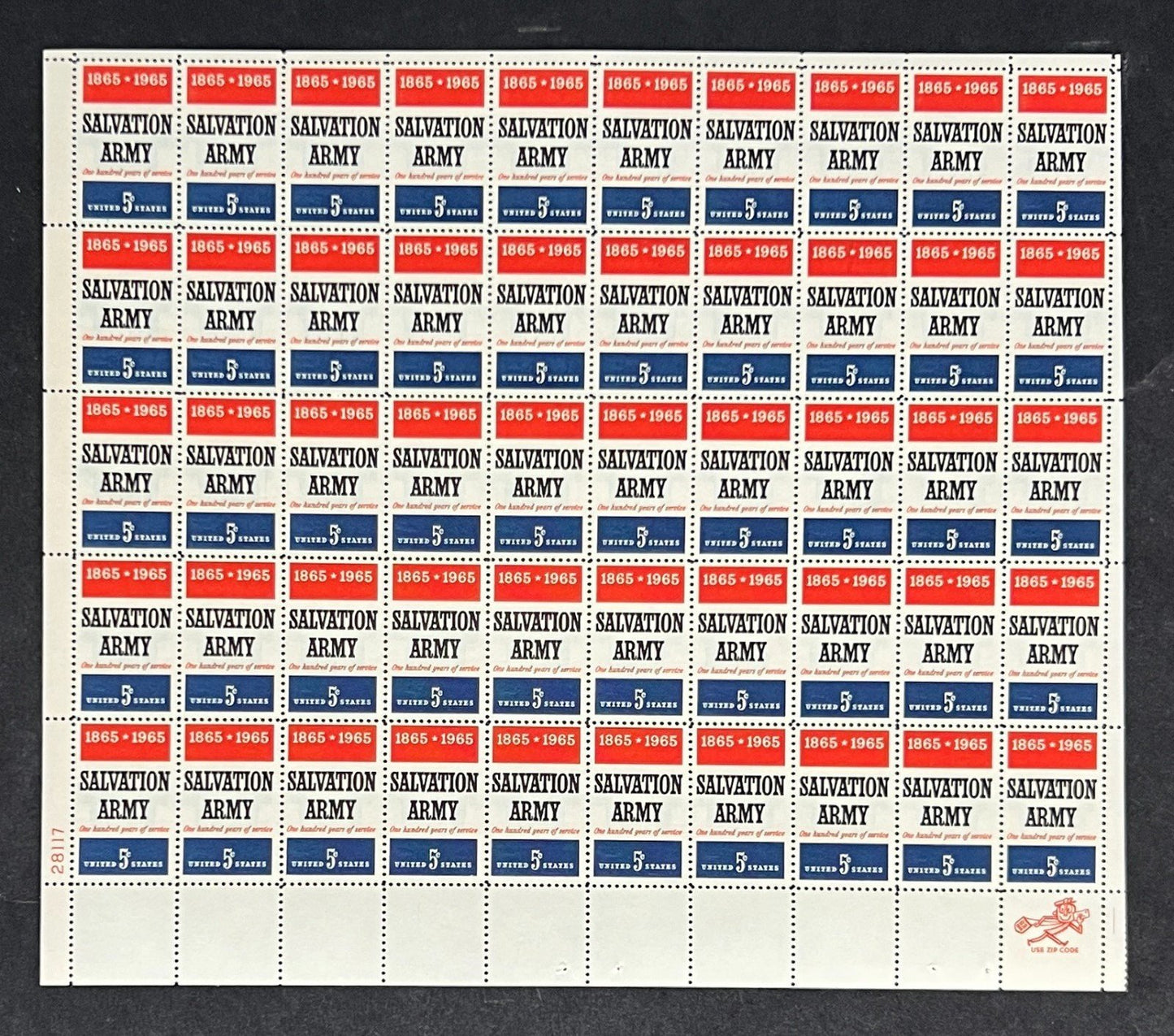 US 1267 Mint Sheet (MNH) Salvation Army Centennial 5-Cent 1965 ZAYIX